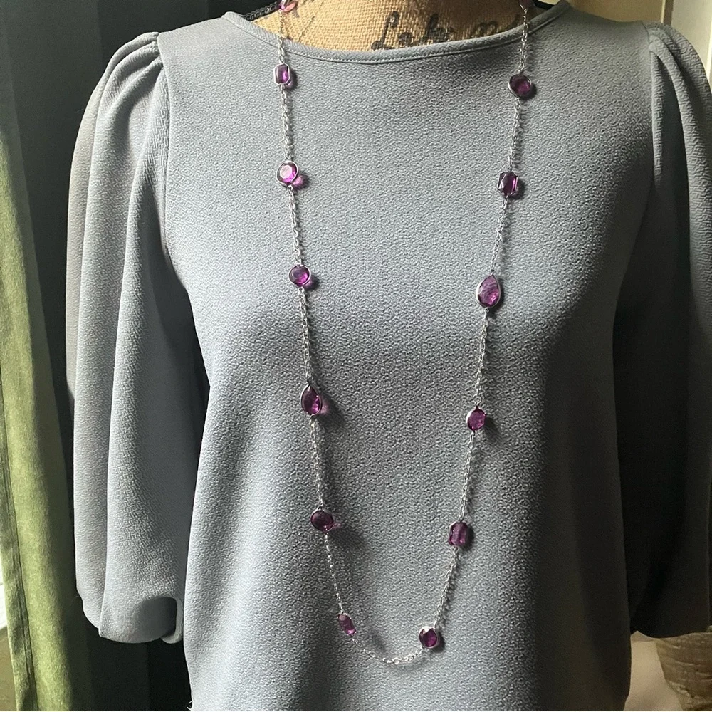 Long purple gemstone and silver chain necklace